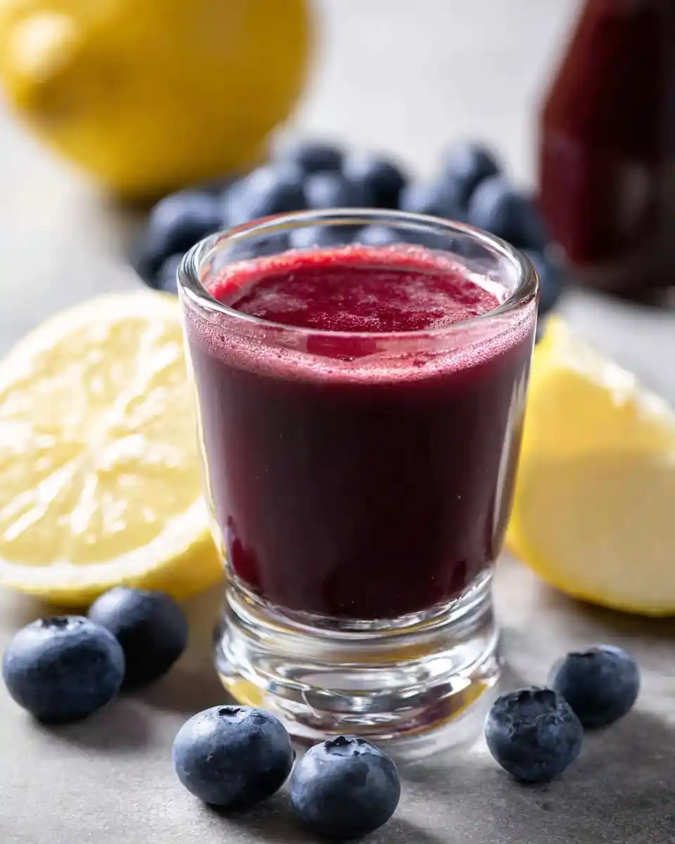 A vibrant {{ $('Fetch Recipe Data').first().json["Main Keyword"] }} in a glass, surrounded by fresh blueberries and lemon.