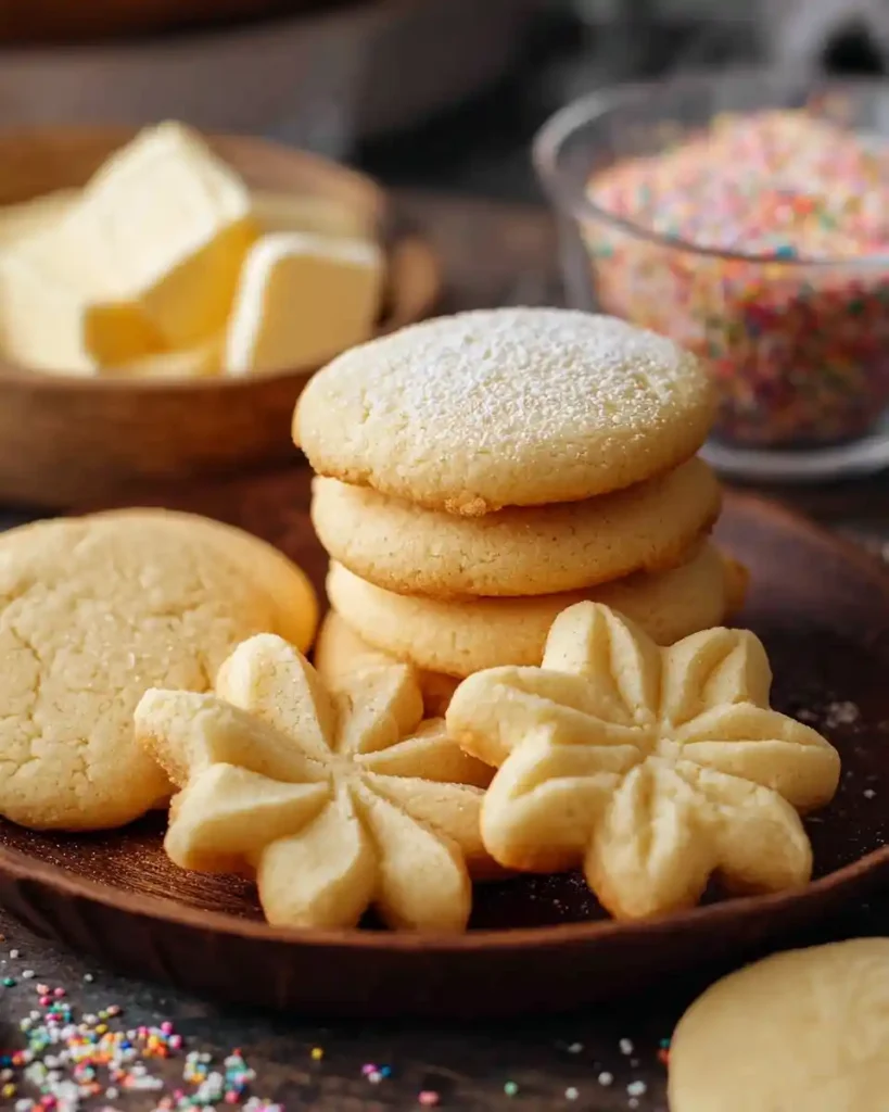 A plate of freshly baked butter cookies, including round and star shapes, next to butter and sprinkles.