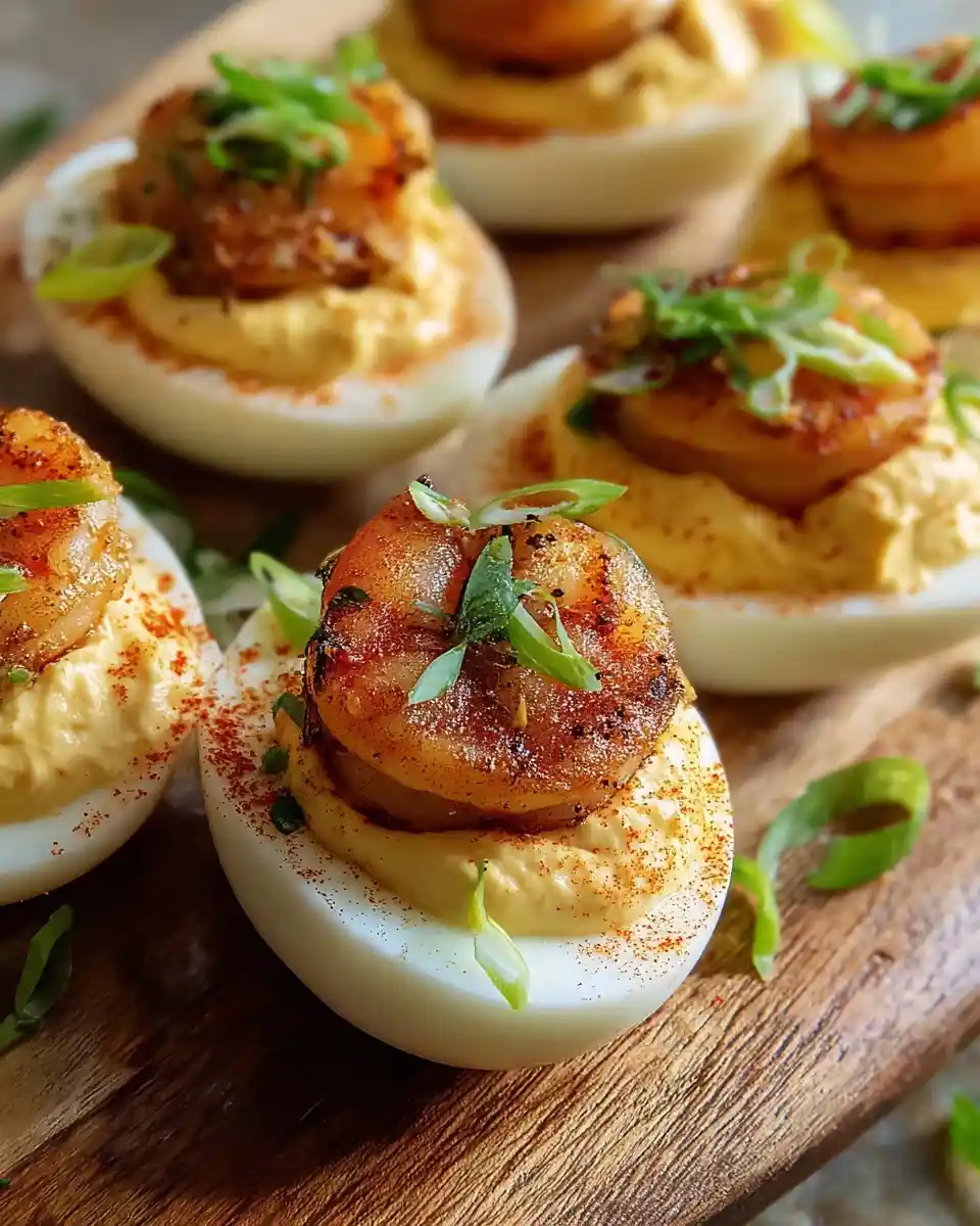 Close-up of savory shrimp deviled eggs garnished with green onions and paprika on a rustic wooden board.