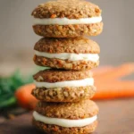 Stack of four homemade carrot cake sandwich cookies with cream cheese filling on a wooden board.