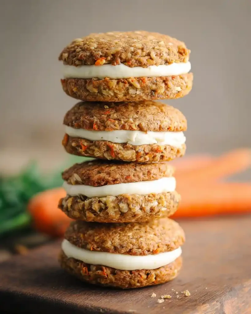 Stack of four homemade carrot cake sandwich cookies with cream cheese filling on a wooden board.