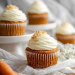 Delicious carrot cake cupcakes with cream cheese frosting and nuts, displayed on white fabric next to fresh carrots.