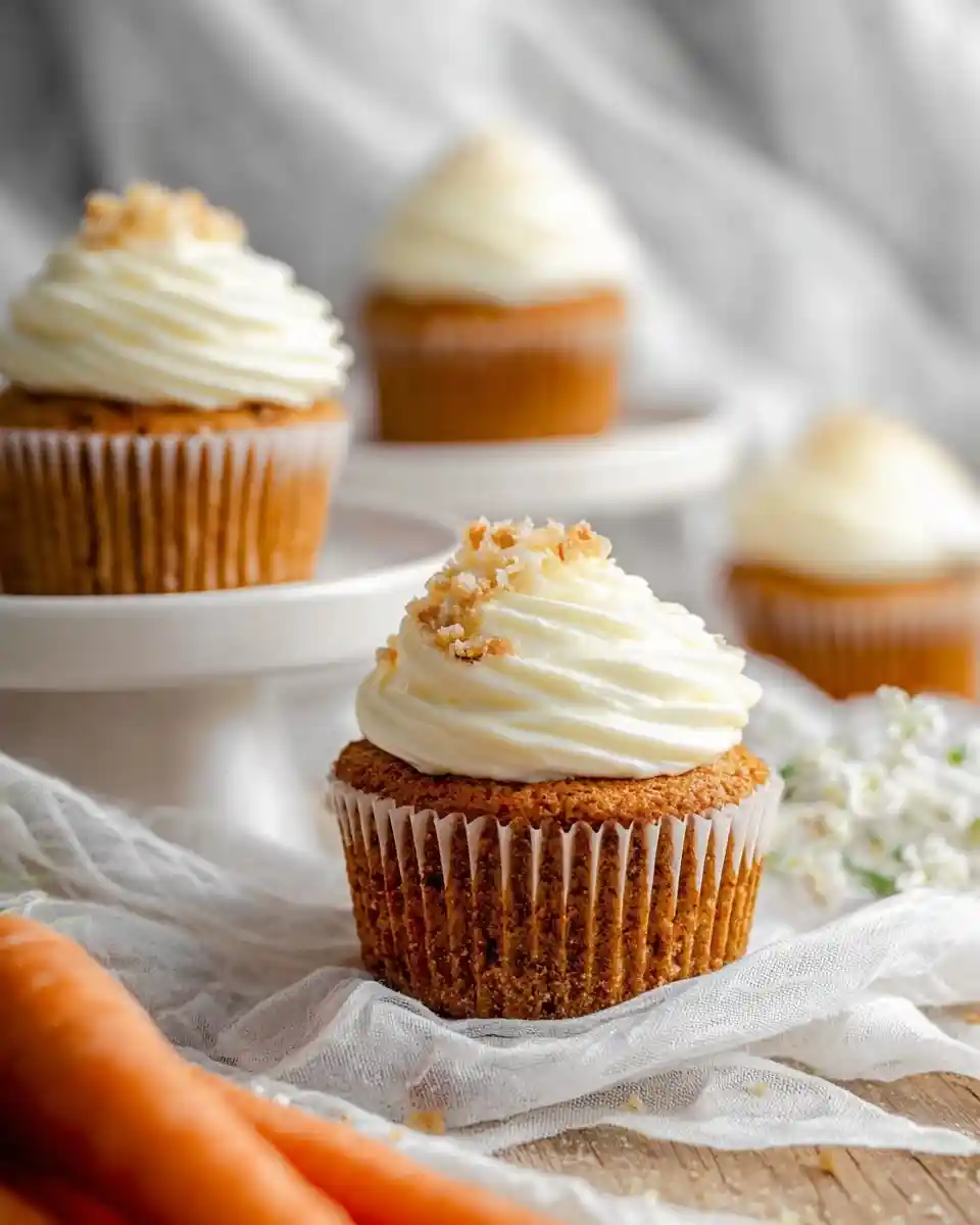 Delicious carrot cake cupcakes with cream cheese frosting and nuts, displayed on white fabric next to fresh carrots.