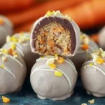 A close-up of delicious carrot cake truffles coated in chocolate, with one cut open showing the spiced carrot filling.