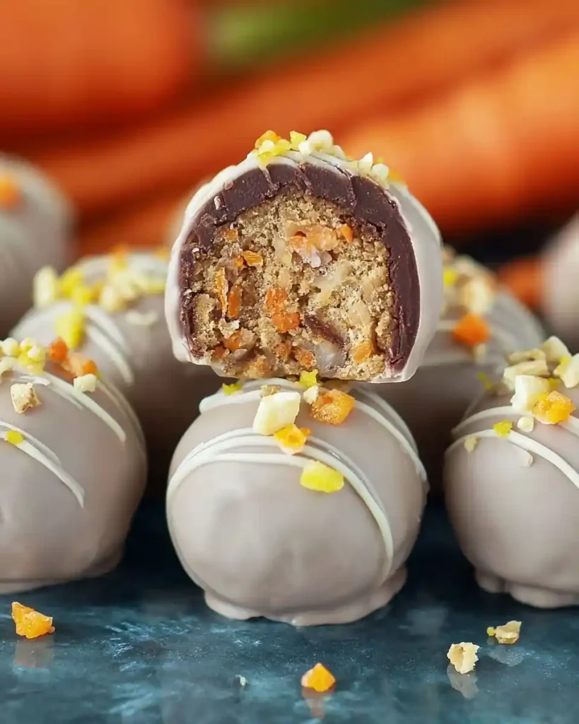 A close-up of delicious carrot cake truffles coated in chocolate, with one cut open showing the spiced carrot filling.