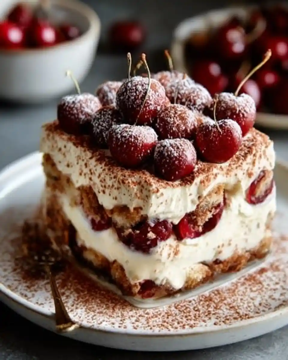 A beautiful slice of {{ $('Fetch Recipe Data').first().json["Main Keyword"] }} topped with fresh sugared cherries.