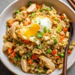 A close-up view of a bowl of homemade chicken fried rice topped with a runny fried egg and fresh green onions.