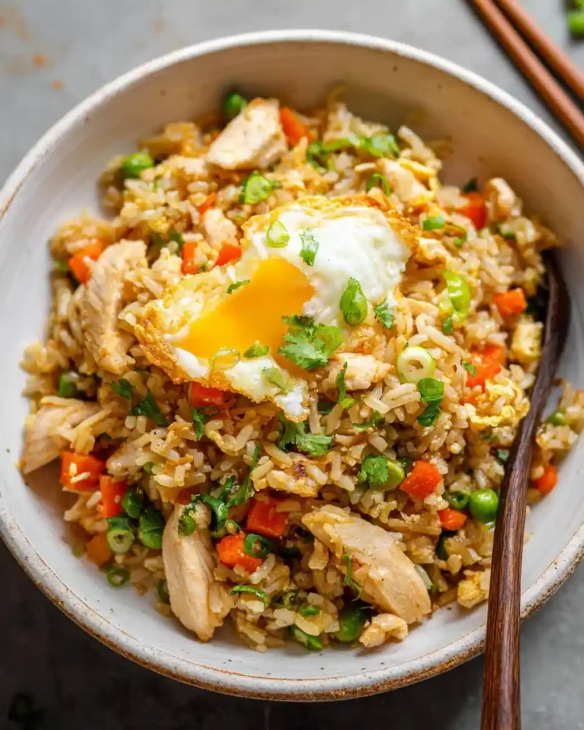 A close-up view of a bowl of homemade chicken fried rice topped with a runny fried egg and fresh green onions.