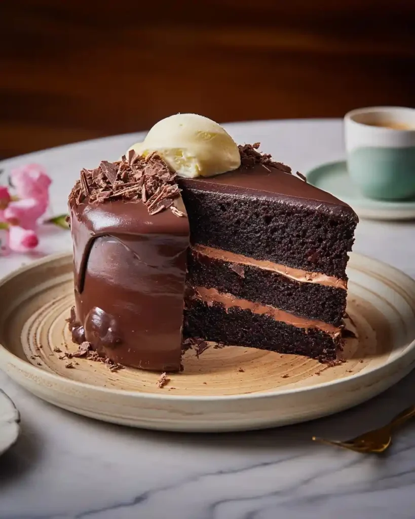 A decadent, three-layer {{ $('Fetch Recipe Data').first().json["Main Keyword"] }} topped with rich ganache, shavings, and vanilla ice cream.