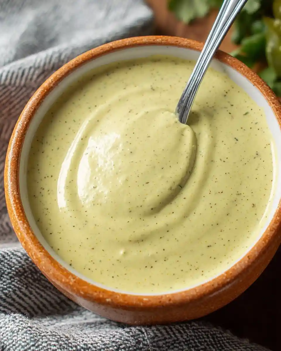 Close-up of a rustic bowl filled with speckled creamy jalapeño sauce and a metal spoon resting inside.