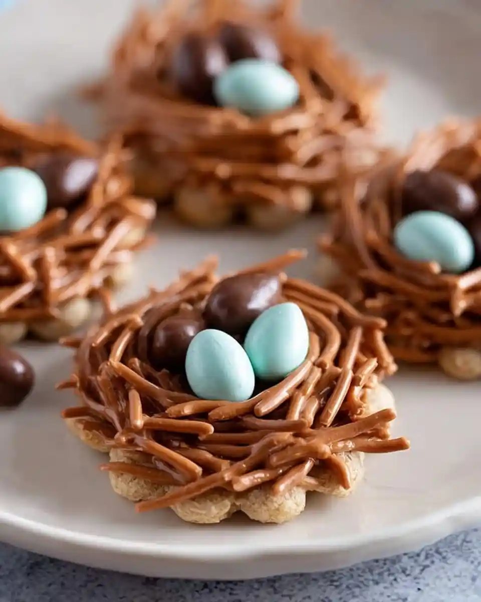 Close-up of four bird's nest cookies with scalloped edges, chocolate noodles, and candy eggs on a plate.