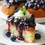 A slice of blueberry upside-down cake topped with whipped cream and mint on a white plate.