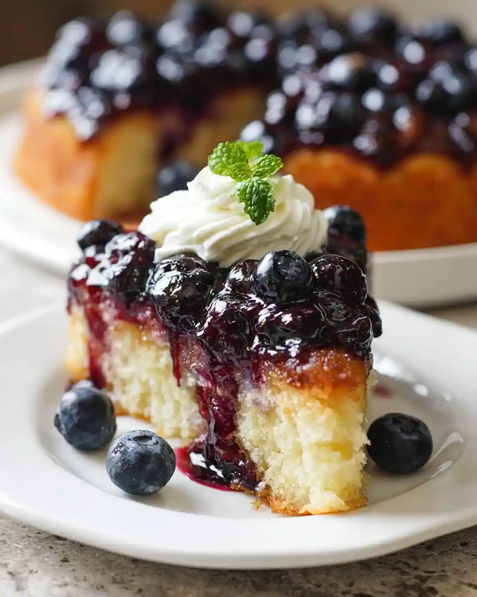 A slice of blueberry upside-down cake topped with whipped cream and mint on a white plate.