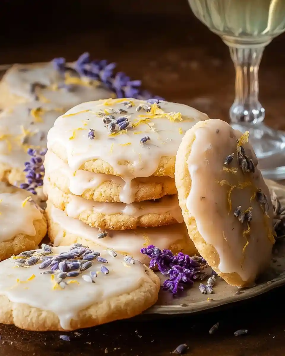 A stack of glazed lemon lavender cookies sprinkled with dried lavender buds and lemon zest on a plate.