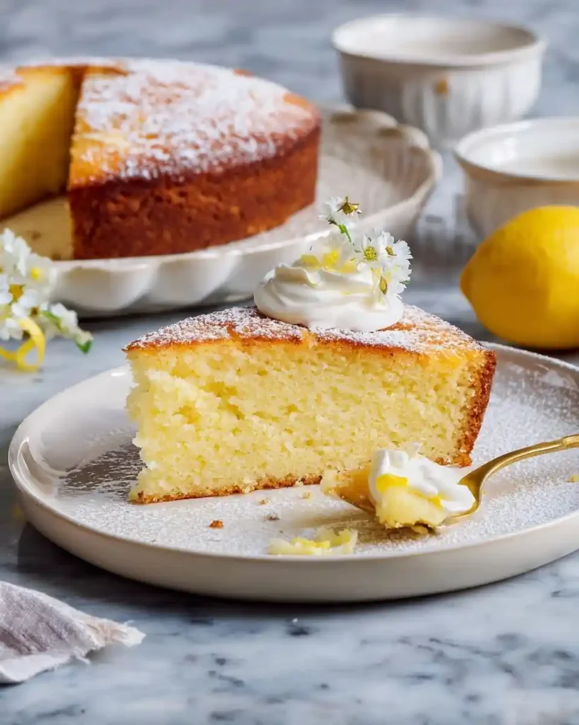 A slice of moist lemon cake on a plate, topped with whipped cream, powdered sugar, and small white flowers.