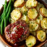 A wooden plate featuring a glazed meatloaf, creamy mashed potatoes, roasted potatoes, and green beans.