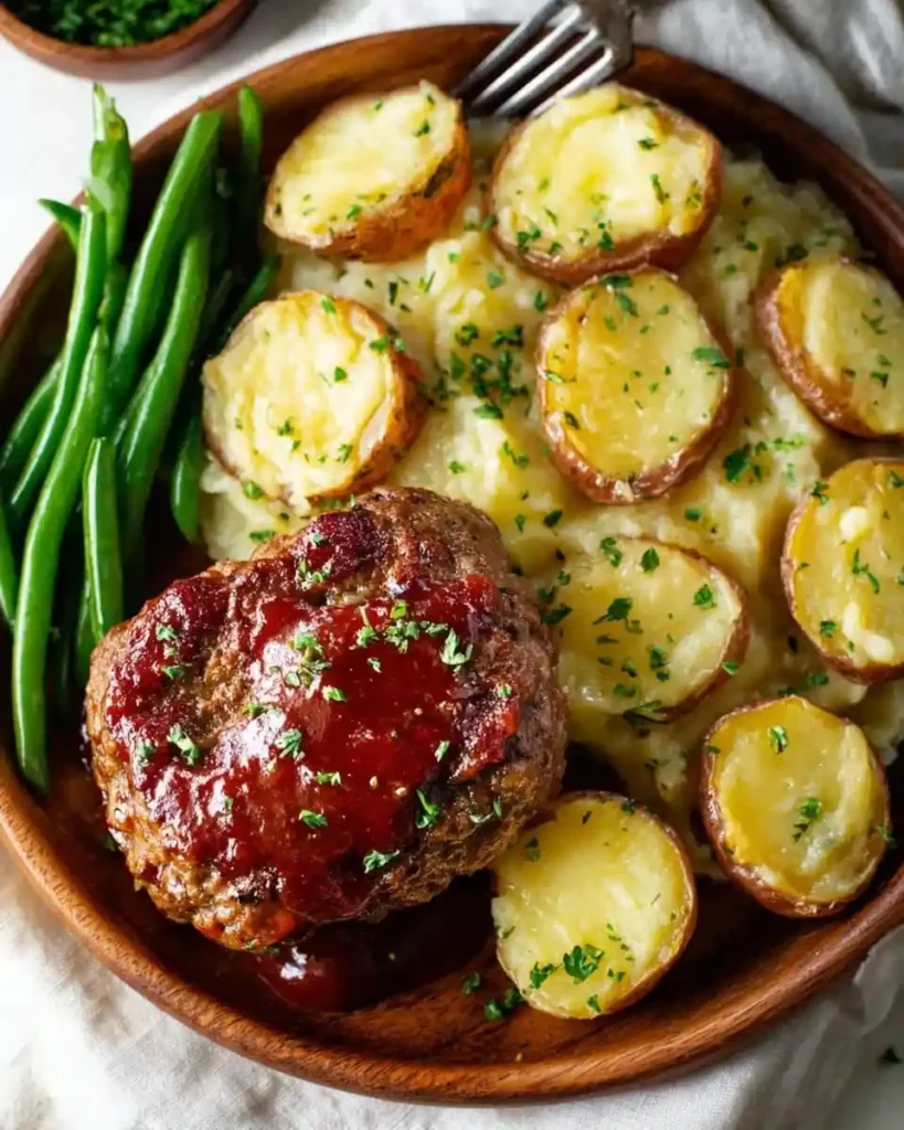 A wooden plate featuring a glazed meatloaf, creamy mashed potatoes, roasted potatoes, and green beans.