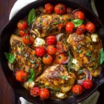 Cast iron pan of {{ $('Fetch Recipe Data').first().json["Main Keyword"] }} with blistered cherry tomatoes and fresh basil.