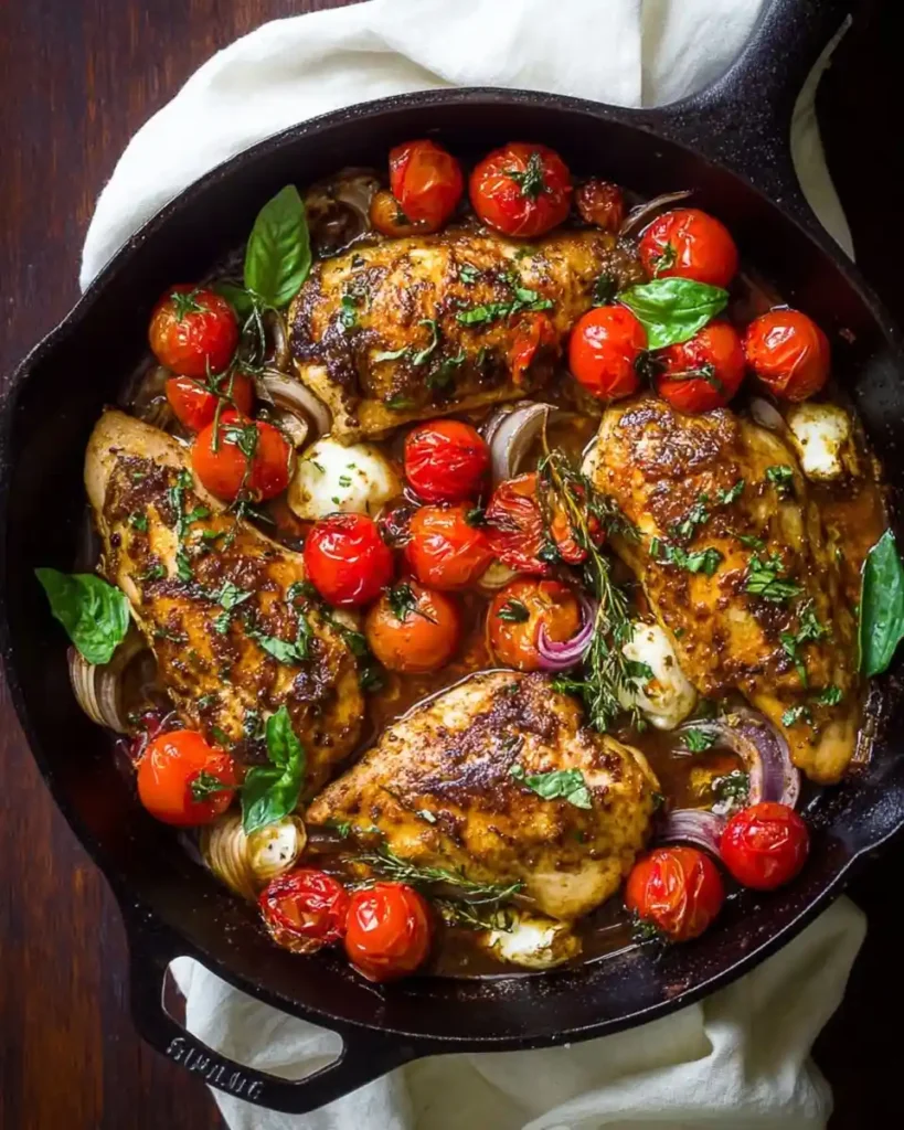 Cast iron pan of {{ $('Fetch Recipe Data').first().json["Main Keyword"] }} with blistered cherry tomatoes and fresh basil.