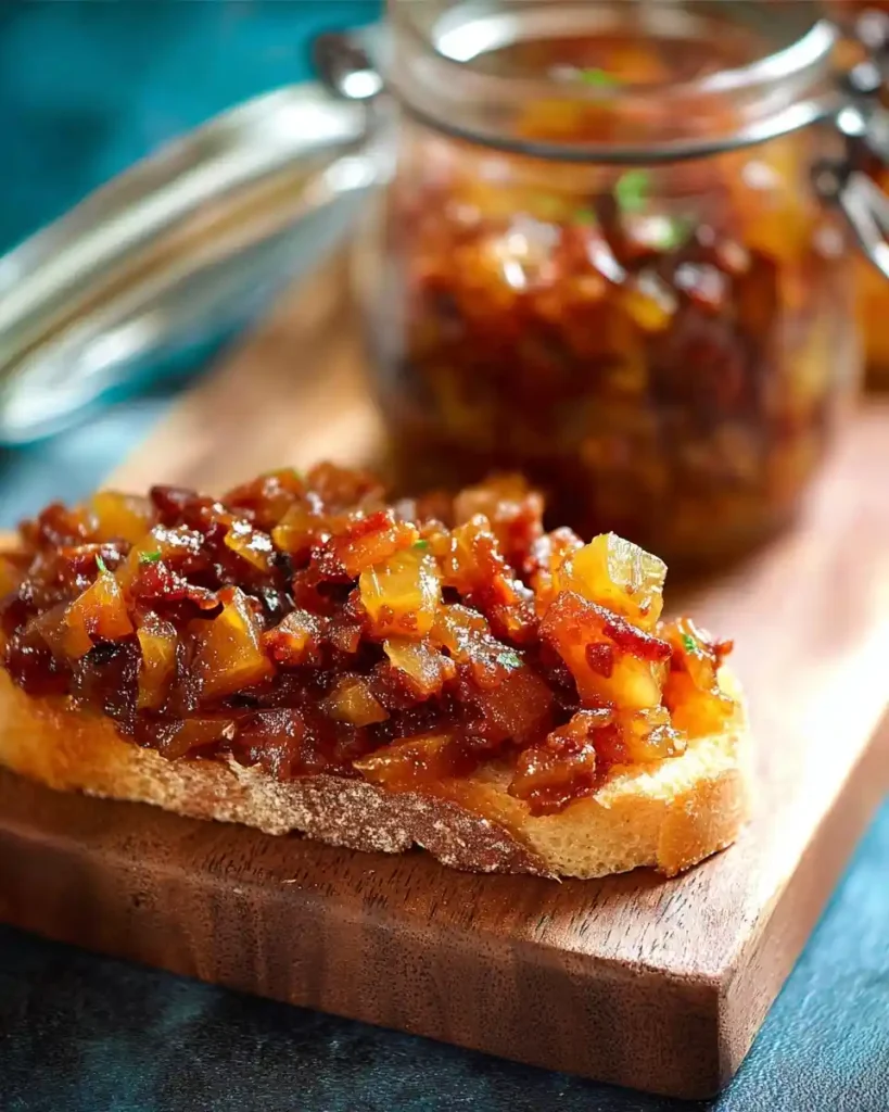 Toasted bread topped with sweet and savory {{ $('Fetch Recipe Data').first().json["Main Keyword"] }}, next to a full glass jar.