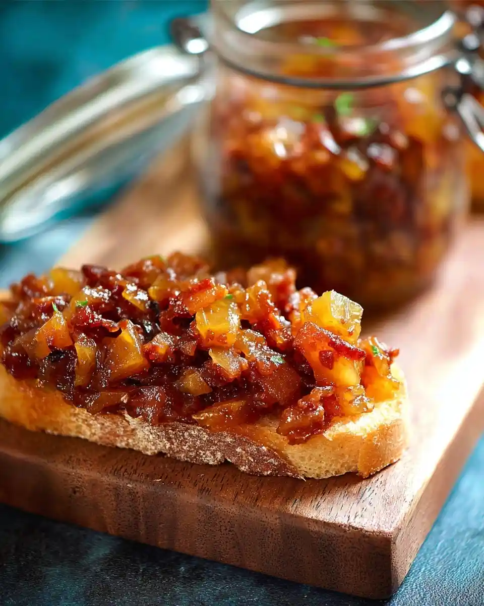 Toasted bread topped with sweet and savory {{ $('Fetch Recipe Data').first().json["Main Keyword"] }}, next to a full glass jar.