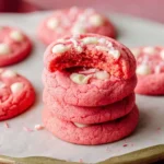 Stack of {{ $('Fetch Recipe Data').first().json["Main Keyword"] }} with white chocolate chips, top one bitten.