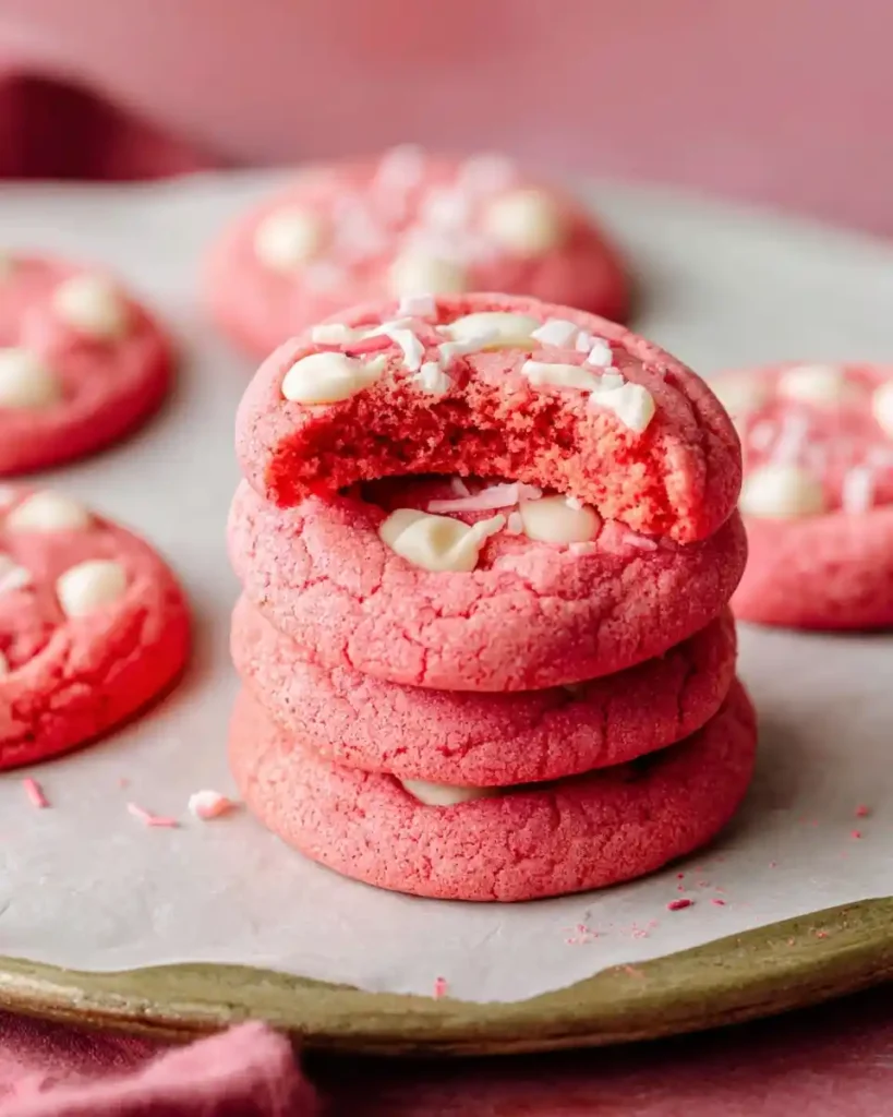 Stack of {{ $('Fetch Recipe Data').first().json["Main Keyword"] }} with white chocolate chips, top one bitten.