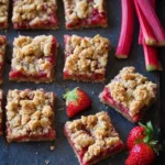 Sliced strawberry rhubarb bars with a crumb topping on a dark slate board next to fresh berries and rhubarb.