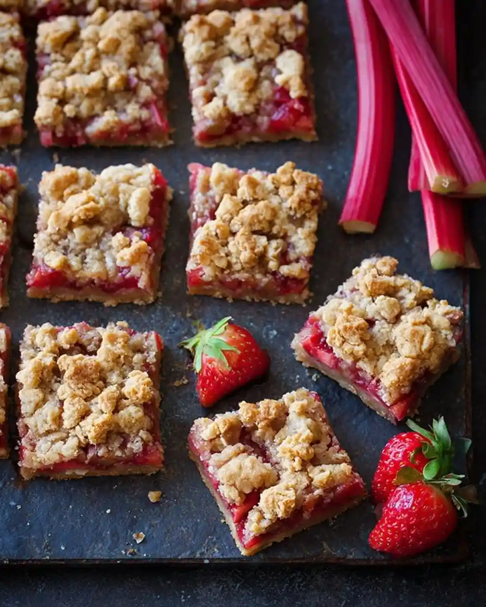 Sliced strawberry rhubarb bars with a crumb topping on a dark slate board next to fresh berries and rhubarb.