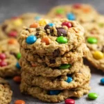 A stack of homemade {{ $('Fetch Recipe Data').first().json["Main Keyword"] }} filled with oats, chocolate chips, and colorful candies.