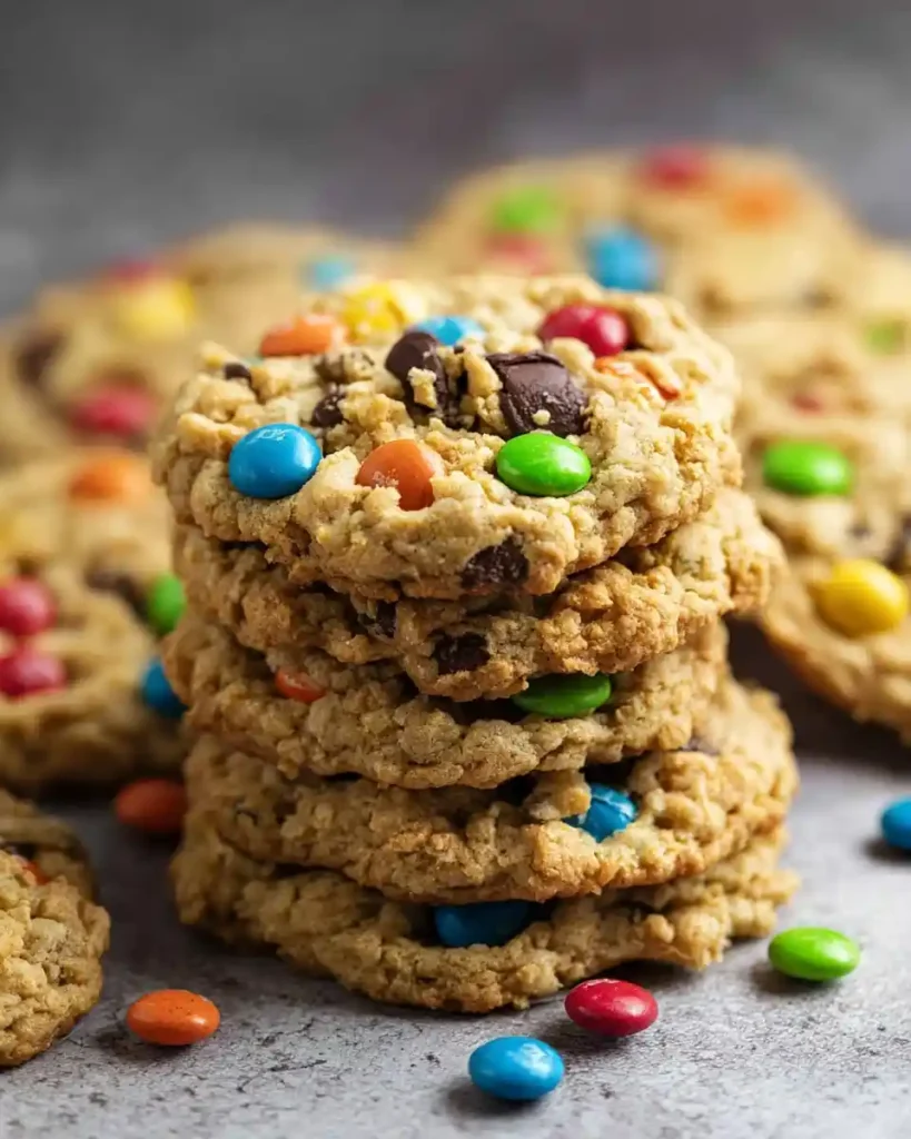 A stack of homemade {{ $('Fetch Recipe Data').first().json["Main Keyword"] }} filled with oats, chocolate chips, and colorful candies.