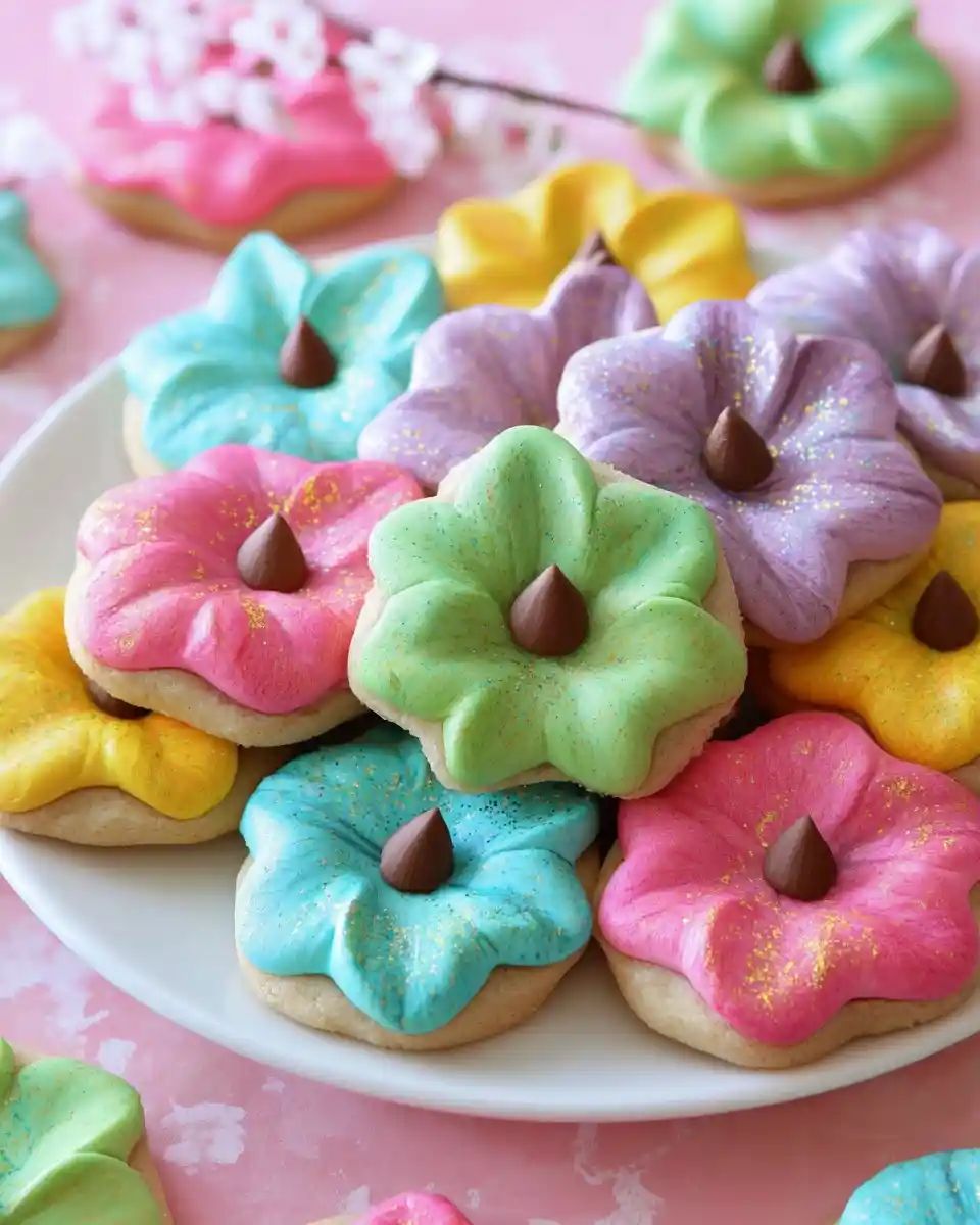Plate of colorful spring blossom cookies in pink, blue, green, purple, and yellow with chocolate kiss centers.