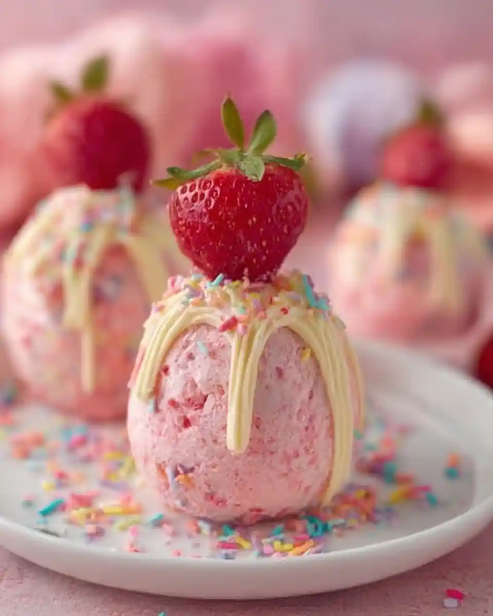 Pink {{ $('Fetch Recipe Data').first().json["Main Keyword"] }} with white chocolate, sprinkles & a strawberry.