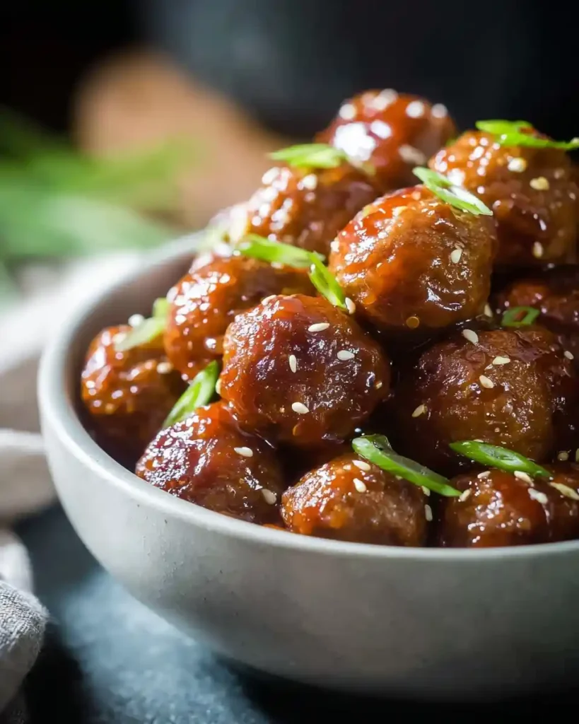 A bowl of glossy glazed meatballs garnished with sesame seeds and fresh sliced green onions.