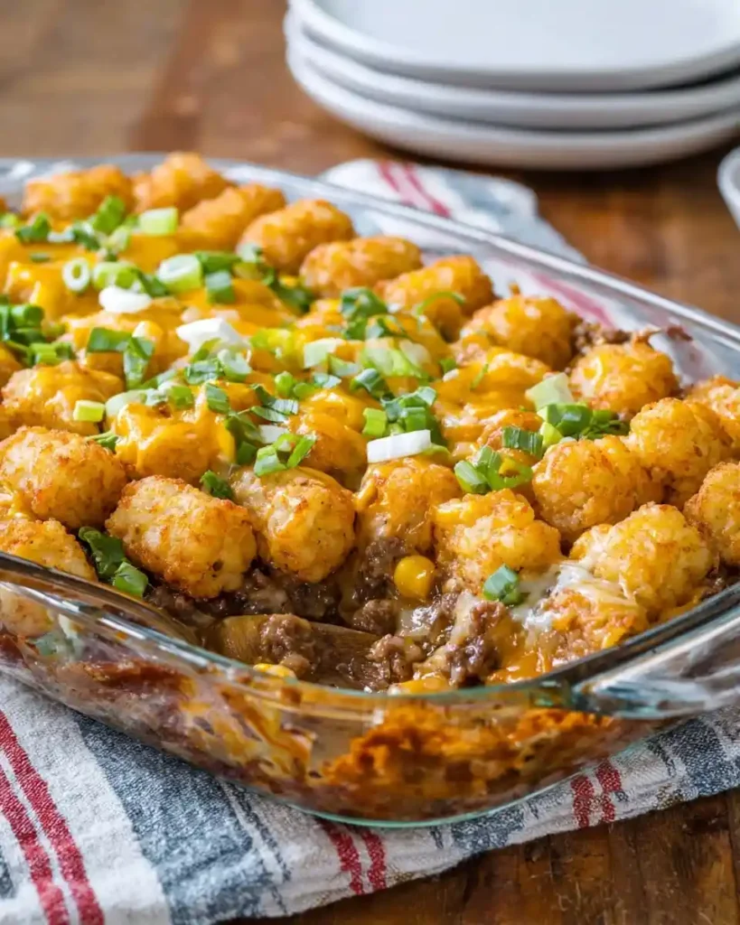A glass baking dish filled with cheesy tater tot casserole, ground beef, and green onions.