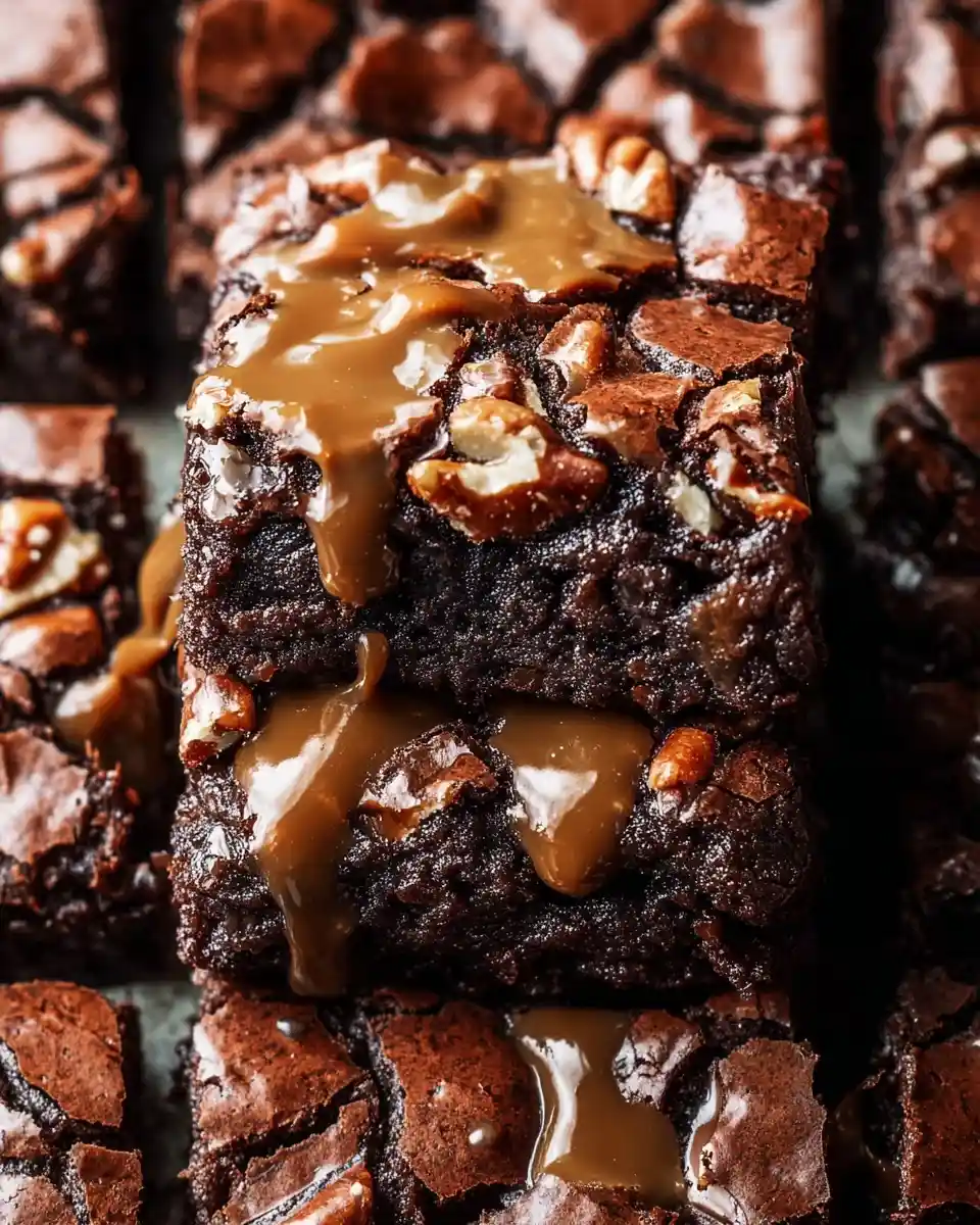 Close-up of stacked {{ $('Fetch Recipe Data').first().json["Main Keyword"] }} dripping with sweet caramel and crunchy nuts.